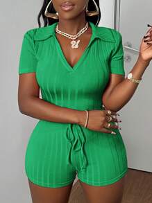 Slaydiva 休閒短袖Polo領緊身針織上衣和短小緊身短褲套裝，帶有肋紋紋理 - 綠色 - 查看 3