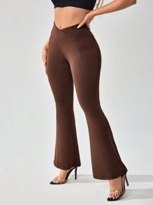 SHEIN SXY Women Asymmetrical Waist Flare Leg Pants With Phone Pocket - Coffee Brown - View 7