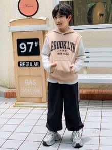 Boy's Fall/Winter Sleeveless Vest And Long Sleeve T-Shirt Graphic Combo Sweatsuit Set - Khaki - View 3