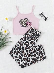 SHEIN Conjunto casual de verano de 3 piezas para adolescente: camisola estampada con corazones y leopardo, pantalones rectos y ropa de dormir ignífuga