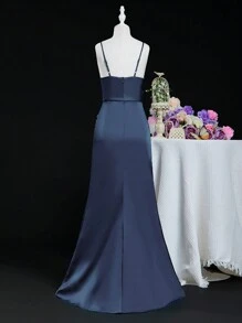 SHEIN 青春期女孩修身高腰细肩带鱼尾开衩连衣裙，适合婚礼、正式派对、生日