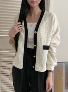 DAZY Women's Casual Business Color Block Trim Regular Jacket Women Coats - Black and White - View 8