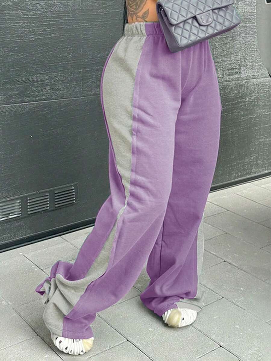 SHEIN Contrast Side Seam Knot Hem Sweatpants Fall Cloth For Women - Mauve Purple - View 1