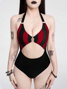 ROMWE Goth Women's Black & Red Punk Rose Monokini, Hollow Out One-Piece Swimsuit, Casual For Spring/Summer Vacation, Beach, Party, Halloween - Multicolor - View 3