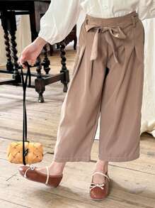 SHEIN Pantalon long tissé décontracté pour filles de couleur kaki - Kaki - Voir 5