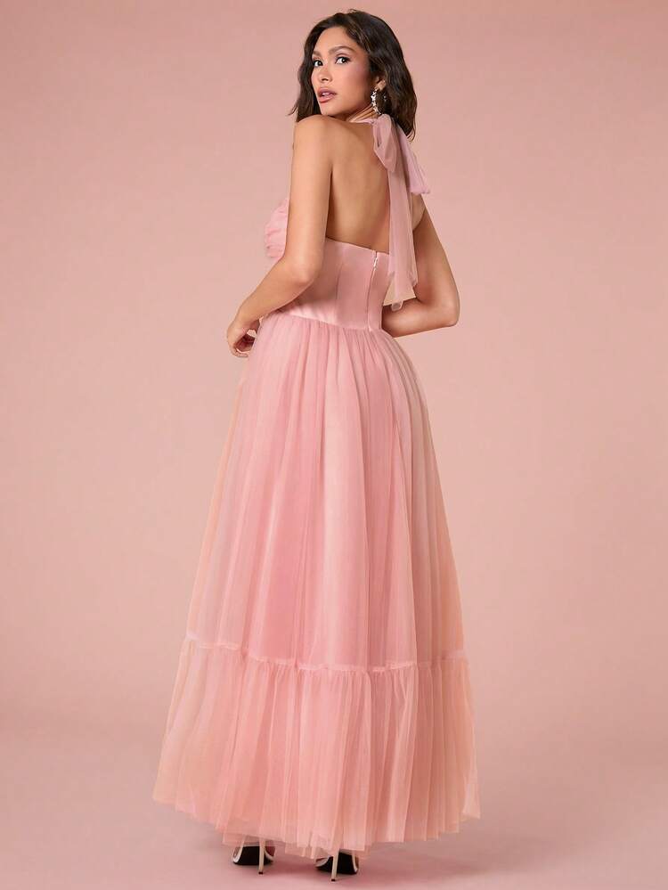 Summer Pink Women's Slim-Fit Romantic Style Long Mesh Suspender Princess Dress,For Graduation Party,Cocktail And Prom 