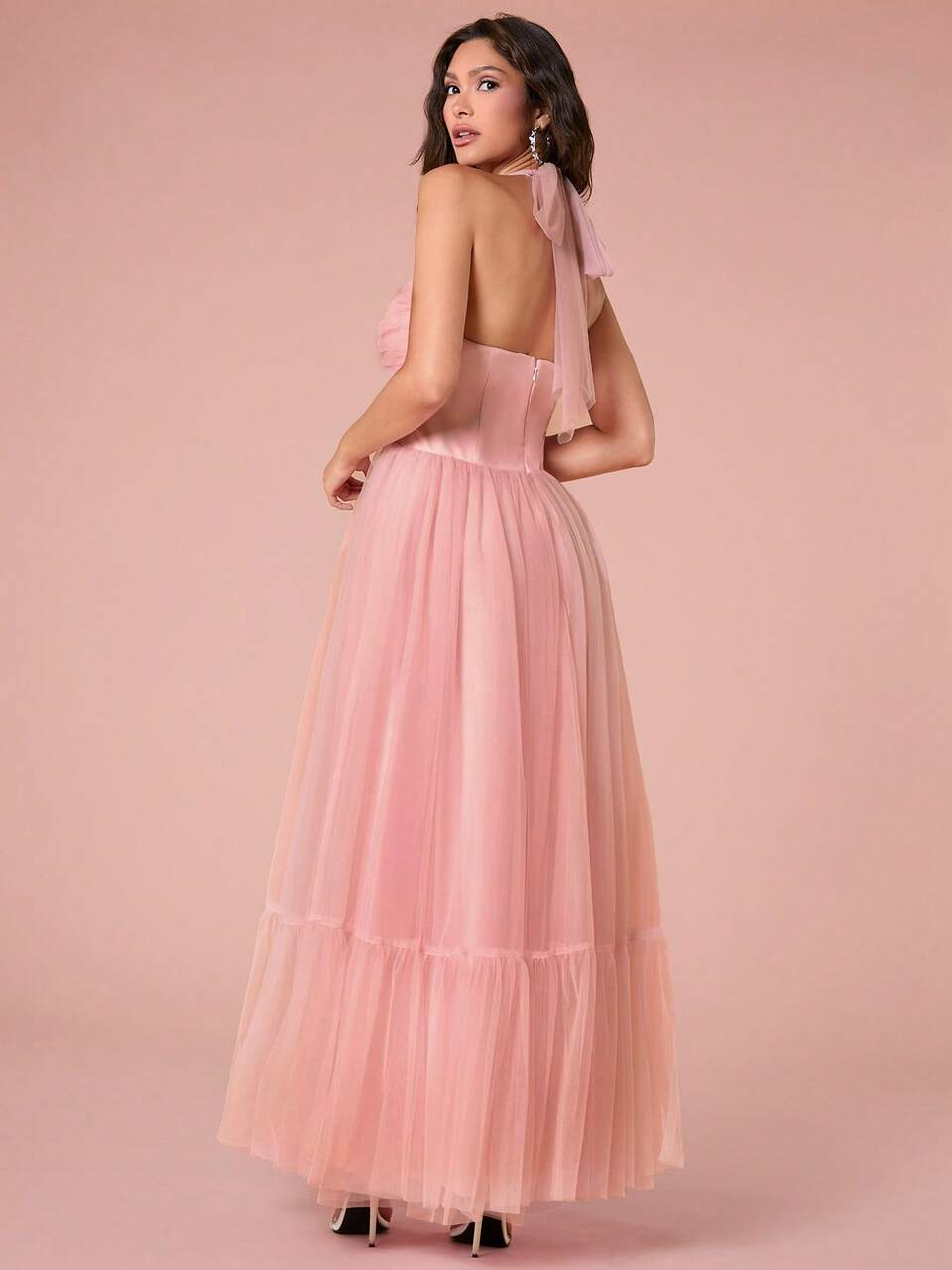 Summer Pink Women's Slim-Fit Long Mesh Halter Princess Dress,For Graduation Party,Cocktail And Prom
