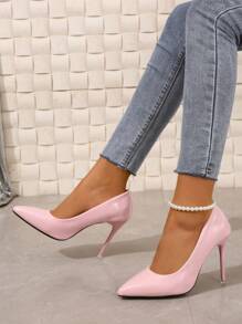 10cm Pointed Toe Slim High Heels For Women, Elegant Banquet/Work Mirror-Surface Light Pink Dress Pumps For Wedding, Party, Nightclub