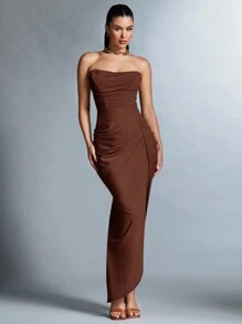 SHEIN BAE Solid Ruched Split Thigh Tube Dress For Summer - Coffee Brown - View 6