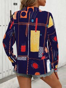 SHEIN LUNE 女士單排釦印花休閒日常長袖襯衫（隨機印花） - 藏蓝色 - 查看 2