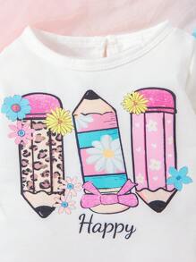 SHEIN Tricou cu mânecă lungă pentru fetițe, cu pantaloni evazați și set de pantaloni lungi, toamnă și iarnă 2024, noua ținută casual drăguță, confortabilă și dulce - Multicolor - Vizualizare 5