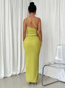Elenzga Solid Color Asymmetrical Neckline Hollow Out Sleeveless Top And Skirt Set With Drawstring - Green - View 2