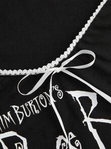 Corpse Bride | ROMWE Plus Size Corpse Bride Graphic Contrast Lace Fitted T-Shirt, Concert Top - Black - View 4