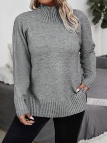 SHEIN LUNE Plus Mock Neck Raglan Sleeve Sweater, For Winter Knit Pullover Fall - Grey - View 1