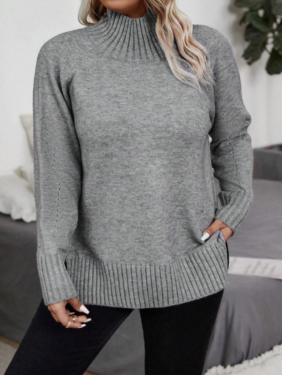 SHEIN LUNE Plus Mock Neck Raglan Sleeve Sweater, For Winter Knit Pullover Fall - Grey - View 1