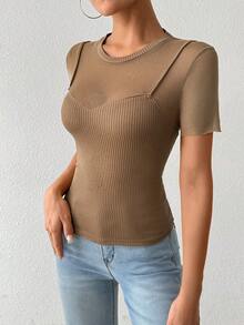 Chiquease 女士純色簡約休閒短袖T恤 - 棕色 - 查看 4