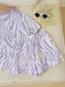 SHEIN LMoss Kids LMoss Tween Girl Tween Girls' Casual Knit Wavy Pattern Short Sleeve T-Shirt And Shorts Set - Purple - View 3