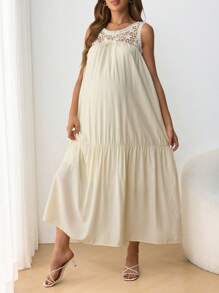 SHEIN Maternity Casual Beachwear Women's Clothing, Long Hollow Lace Maternity Dress - Yellow - View 6