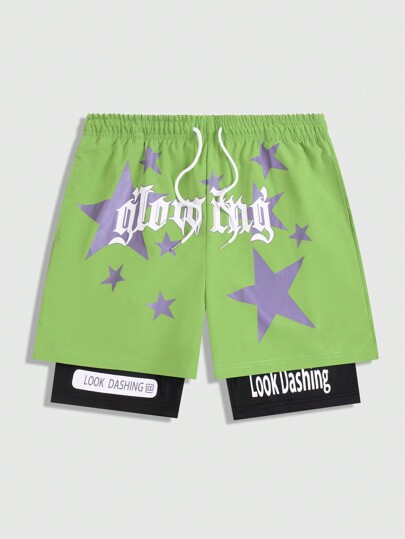 Street Life Men Star & Letter Graphic Drawstring Waist Shorts
