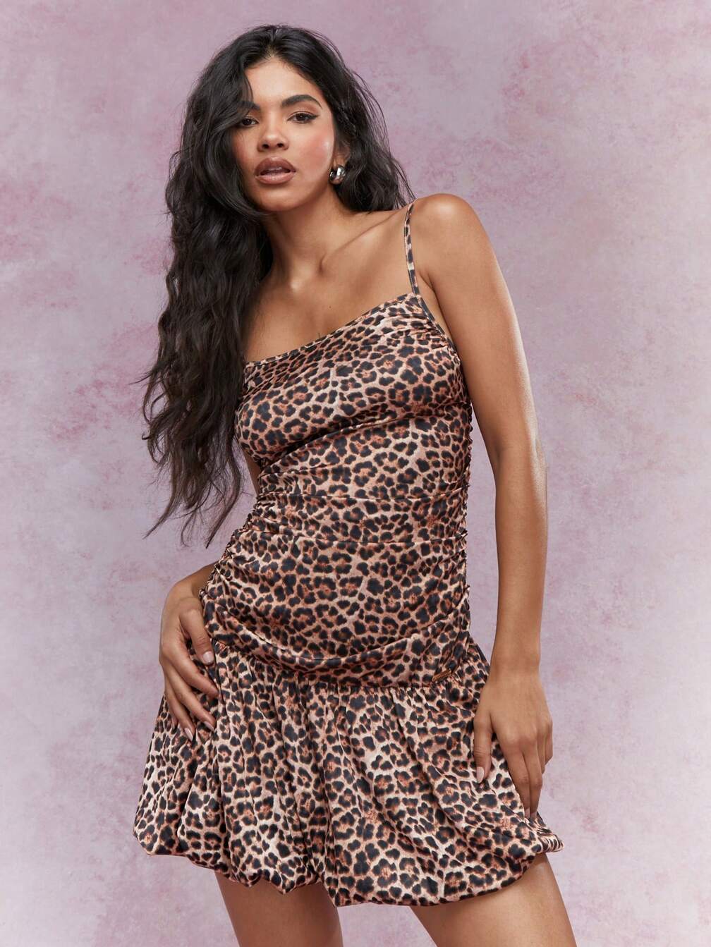 boho leopard print dress Leopard Print Mini Dress  Boho Long Sleeve V-Neck Empire Waist Dress