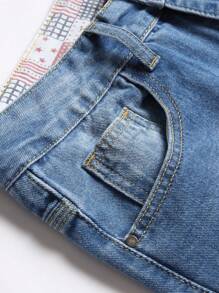 Jeans de moda pitillos con parche con letra y bolsillo roto para hombres - Negro - Ver 4