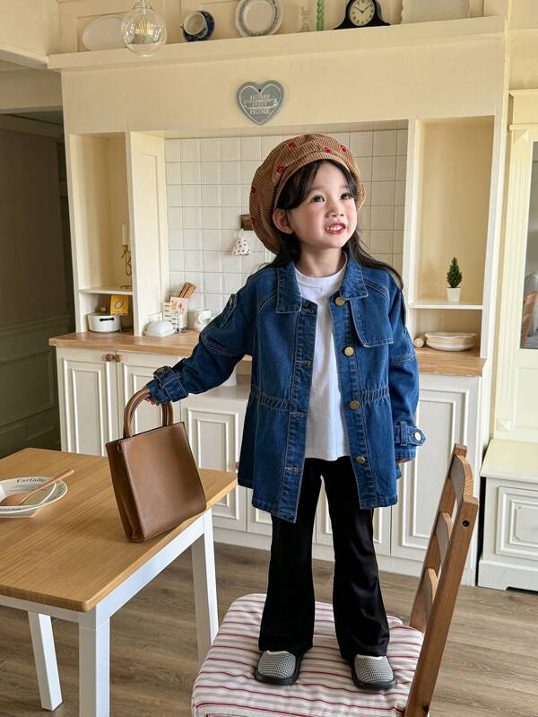 SHEIN Girls' Casual Fashionable Denim Jacket With Waist Belt