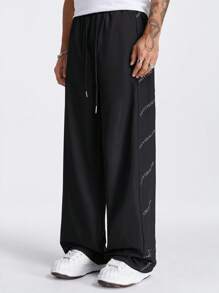 Manfinity NXTstreet Men's Loose Straight Woven Pants With Double-Sided English Print Designs - Black - View 5