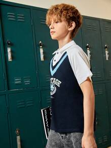 SHEIN 青少年男童夏季休閒字母印花短袖拼色POLO衫 - 彩色 - 查看 3