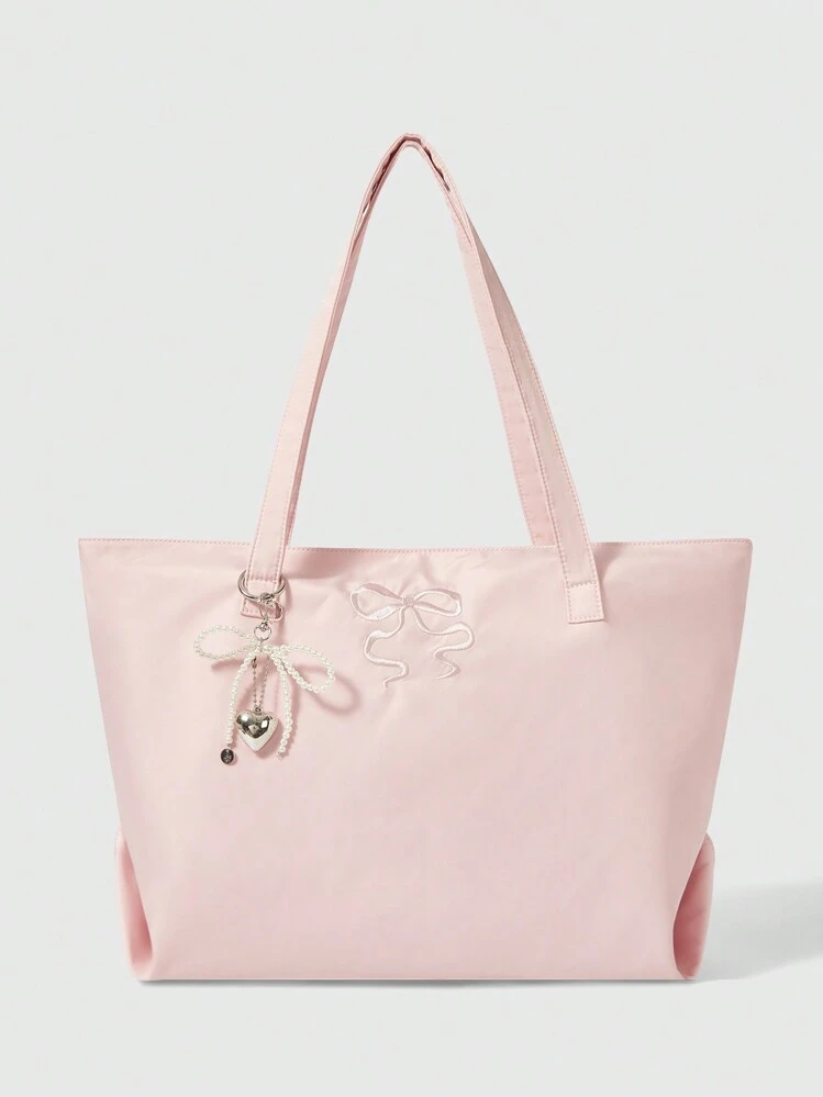 ROMWE Kawaii Sac à bandoulière de grande capacité avec motif floral 84225 - broderie de nœud, sac fourre-tout en tissu Oxford à la mode, sac fourre-tout à la mode avec fermeture éclair
