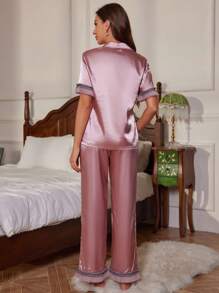 Color Block Pleated Lace Decoration Short-Sleeve Top And Long Pants Pajama Set, Imitation Silk Collar