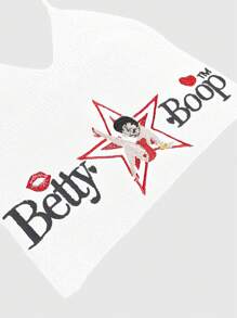 Betty Boop | ROMWE Áo dệt kim có dây thêu chữ và hình dành cho nữ - Màu be - Xem 4