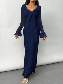 Firerie Floral Ruffle Hem Long Sleeve Casual Daily Wear Dress - Navy Blue - View 4