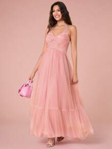 Enchnt Summer Pink Women's Slim-Fit Romantic Style Long Mesh Suspender Princess Dress,For Graduation Party,Cocktail And Prom  - Pink - View 6
