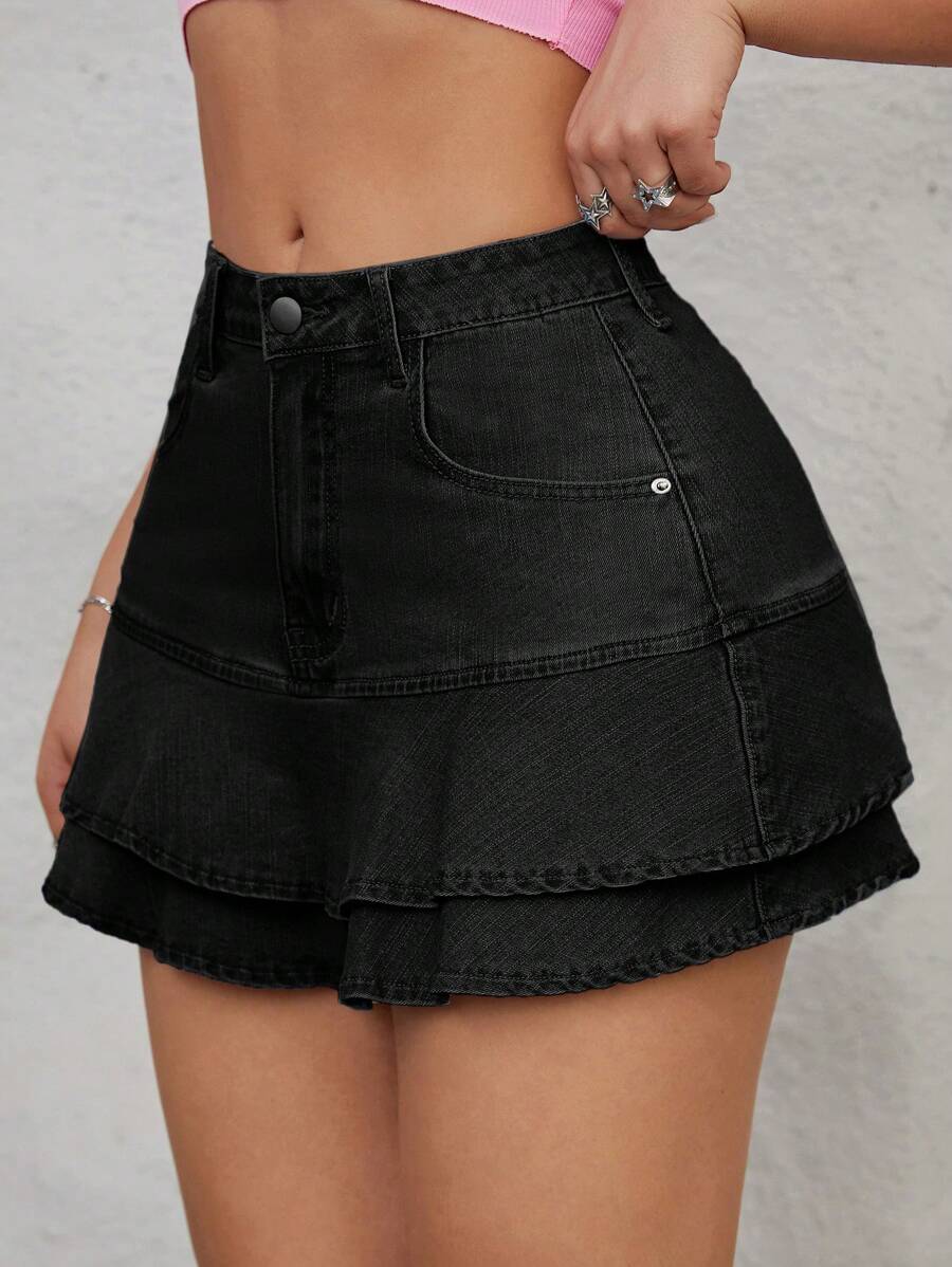 SHEIN ICON 高腰兩層黑色牛仔裙，適合夏季 - 黑色 - 查看 1