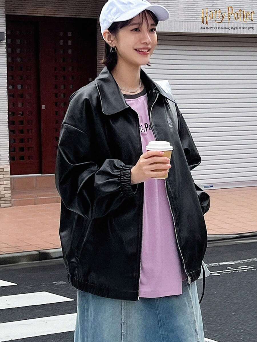 Harry Potter X Friful 女士刺绣图案宽松开衫皮夹克外套有领，秋季服装 - 黑色 - 查看 1