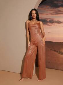 Hauture V-Neckline, Spaghetti Straps, Criss-Cross Back, Side Slit, Loose Fit, High Waist Jumpsuit