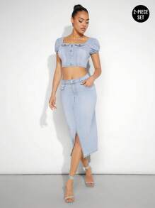 Denimoi Puff Sleeve Top & Skirt Denim Two Piece Set - Light Wash - View 6