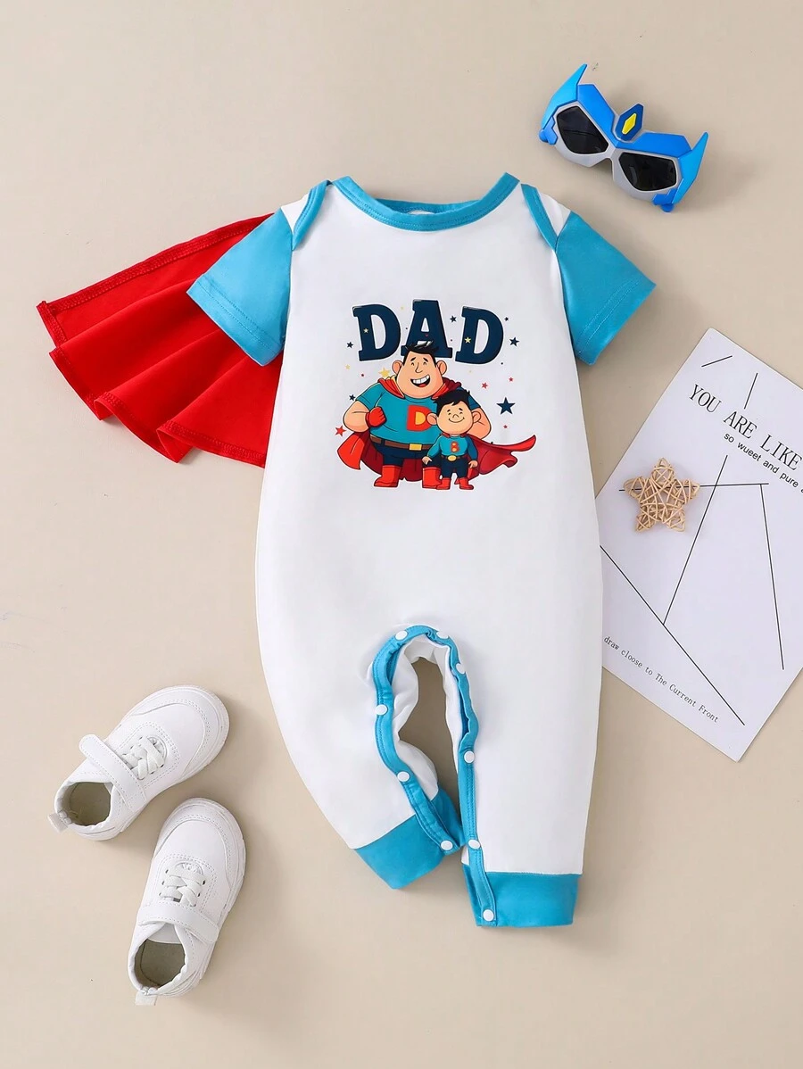 Bộ đồ liền quần ngắn in họa tiết hoạt hình và kỹ thuật số thoải mái cho bé trai kèm áo choàng, mùa hè - Nhiều màu - Xem 1