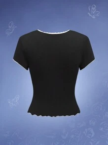 Corpse Bride | ROMWE Plus Size Corpse Bride Graphic Contrast Lace Fitted T-Shirt, Concert Top - Black - View 2