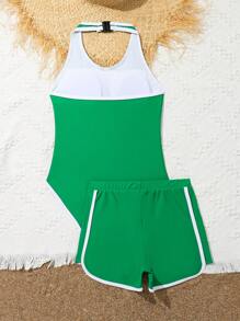 Tween Girls' Color Block One-Piece Swimsuit/With Shorts Set