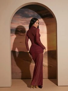 Hauture Mock Neck Front Wrap Detail Maxi Party Dress