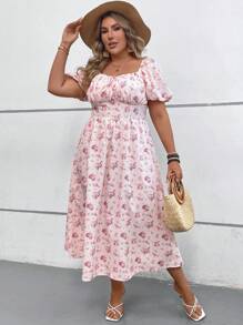 SHEIN VCAY Plus Size Fall/Winter Back-To-School Sisters Gathering Ruched Bust Romantic Print A-Line Long Dress