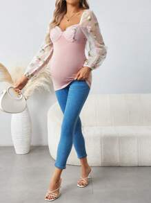 SHEIN Maternity Mesh Embroidery Patchwork Party Pregnancy T-Shirt - Pink - View 4