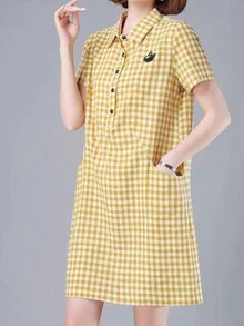 Women's Point Collar Short Sleeve Front Button Pocket Plaid Mini Dress - Yellow - View 3