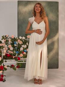 Maternity Ruffle Trim Split Thigh Mesh Elegant Dress, For Party - Apricot - View 1