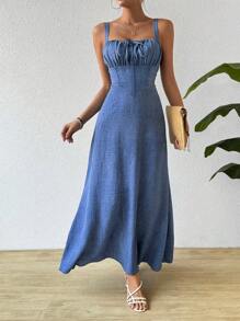 Breezaya Vestido de tirantes con pliegue en el busto, vestido largo para vacaciones y playa para mujeres - Azul lavado oscuro - Ver 4