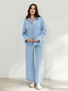 SHEIN Cottnline Blue Two Pieces Blue Shirt And Palazzo Pant - Blue - View 4