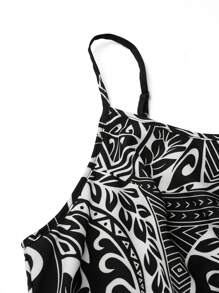 SHEIN LUNE Plus Size Women's Vintage Style Printed & Solid Color Patchwork Jumpsuit With Spaghetti Straps - Black and White - View 3
