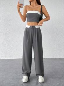 SHEIN PETITE Contrast Trim Tube Top & Straight Leg Pants - Grey - View 6