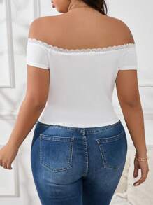 SHEIN Essnce 大码女式白色蕾丝拼接露肩 T 恤，夏季 - 白色 - 查看 2